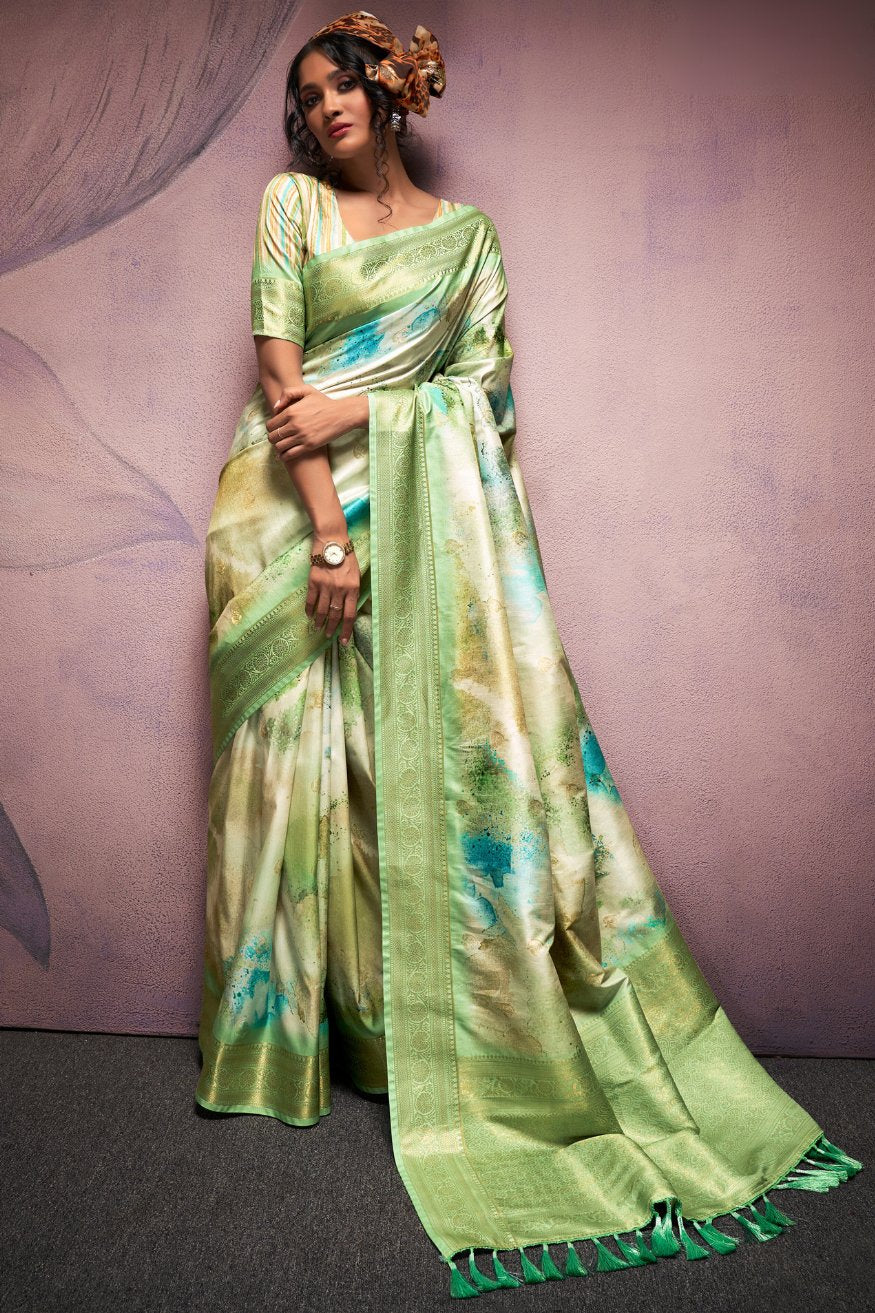Buy MySilkLove Pine Glade Green Banarasi Digital Printed Silk Saree Online