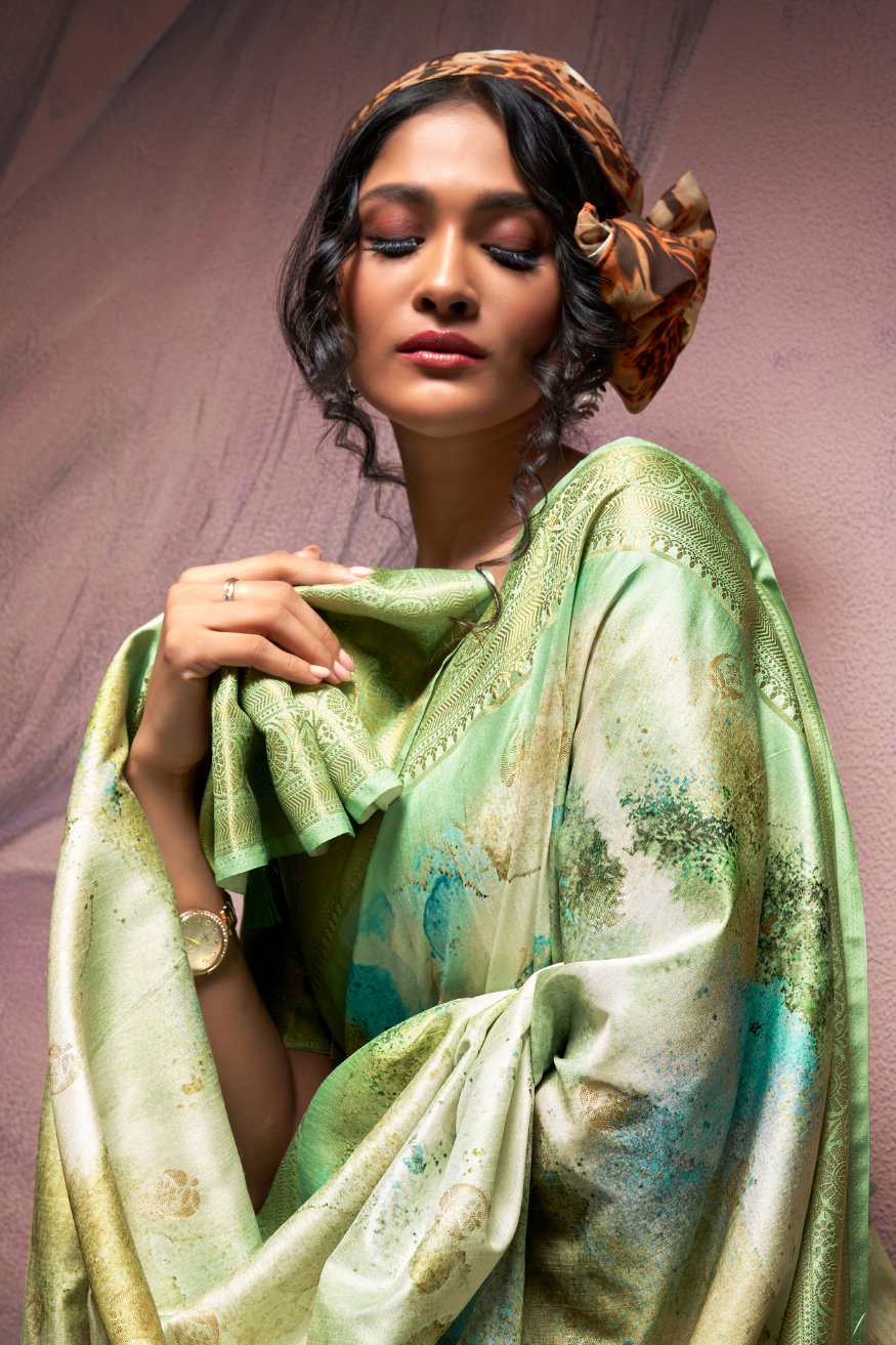 Buy MySilkLove Pine Glade Green Banarasi Digital Printed Silk Saree Online