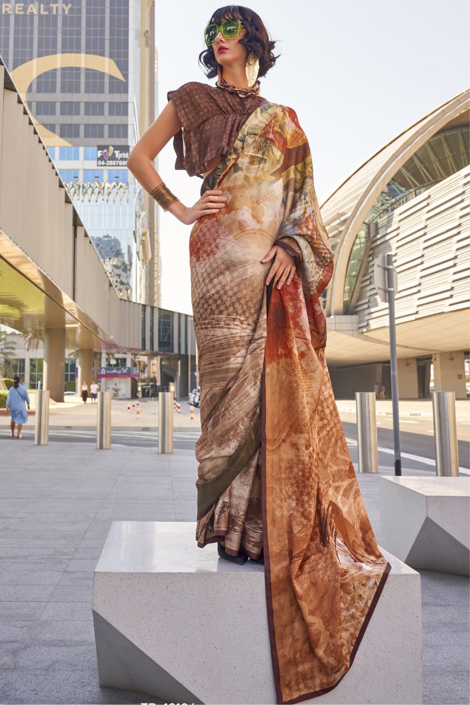 Buy MySilkLove Muesli Brown Digital Printed Satin Silk Saree Online