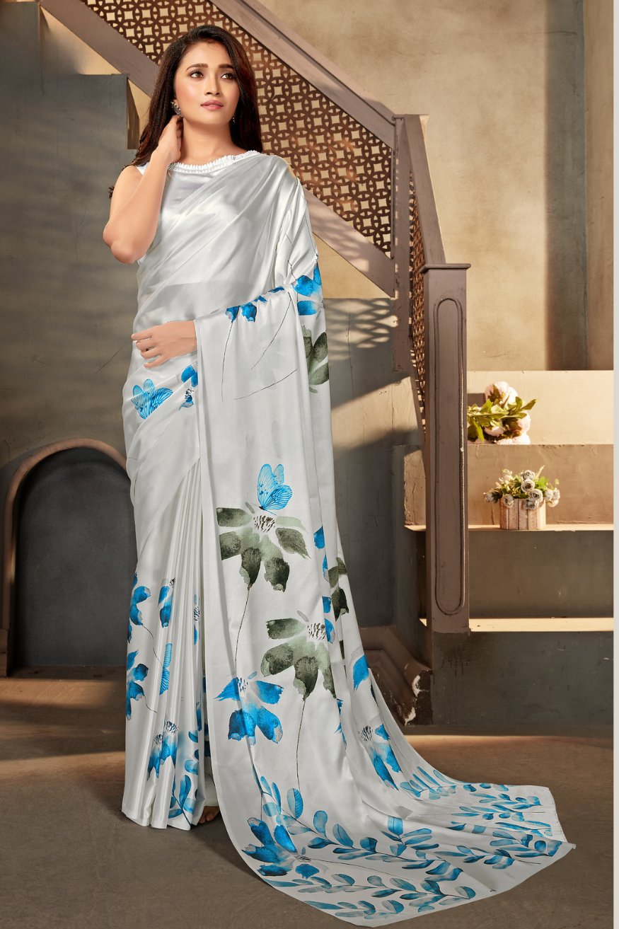 Buy MySilkLove Westar White Printed Satin Crepe Saree Online