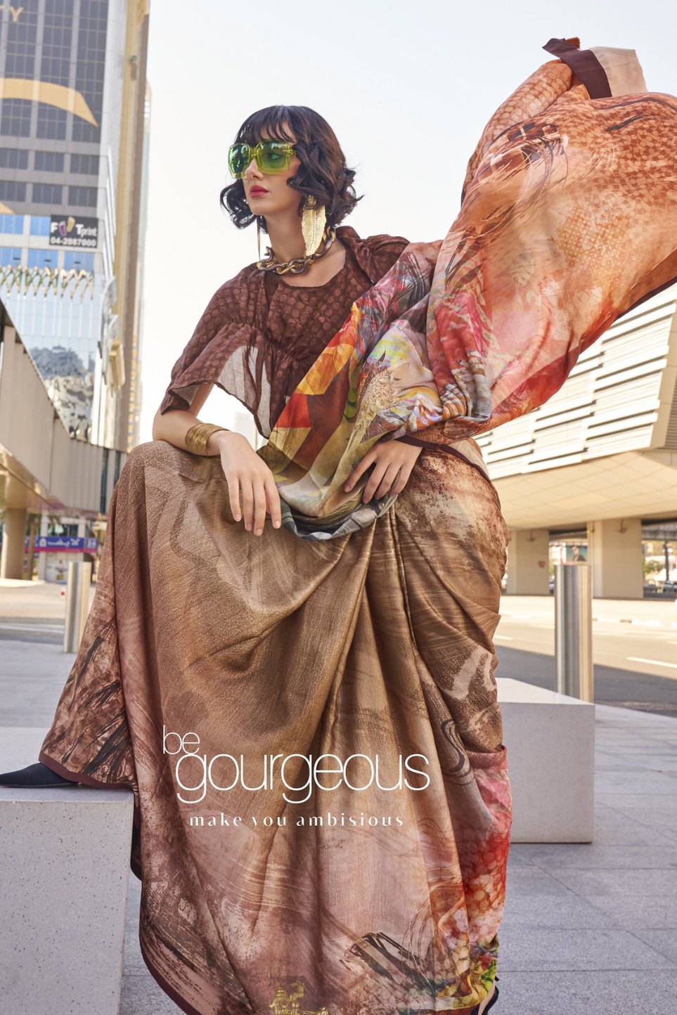 Buy MySilkLove Muesli Brown Digital Printed Satin Silk Saree Online
