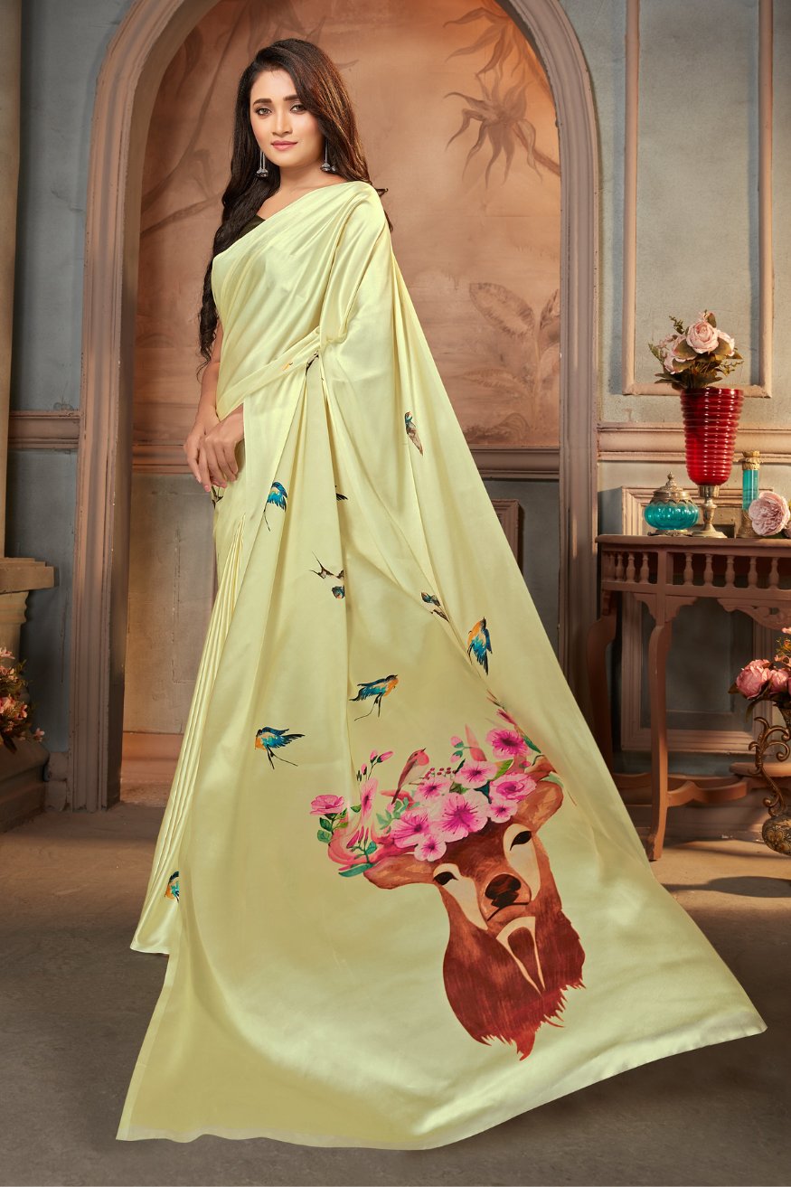 MySilkLove Mint Julep Yellow Printed Satin Crepe Saree