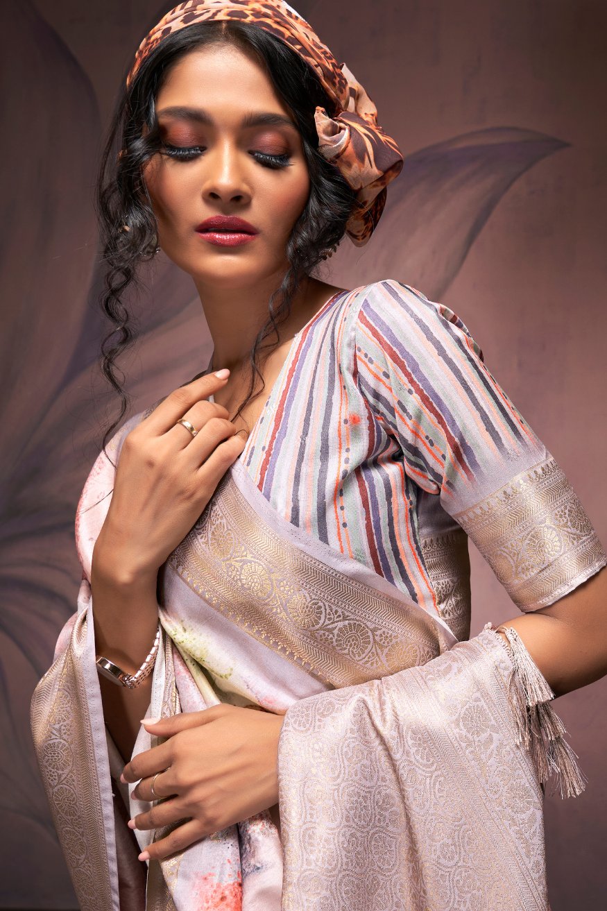 Buy MySilkLove Twilight Grey and Pink Banarasi Digital Printed Silk Saree Online