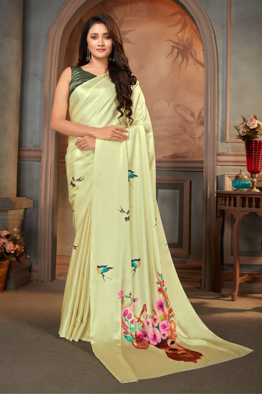 Buy MySilkLove Mint Julep Yellow Printed Satin Crepe Saree Online