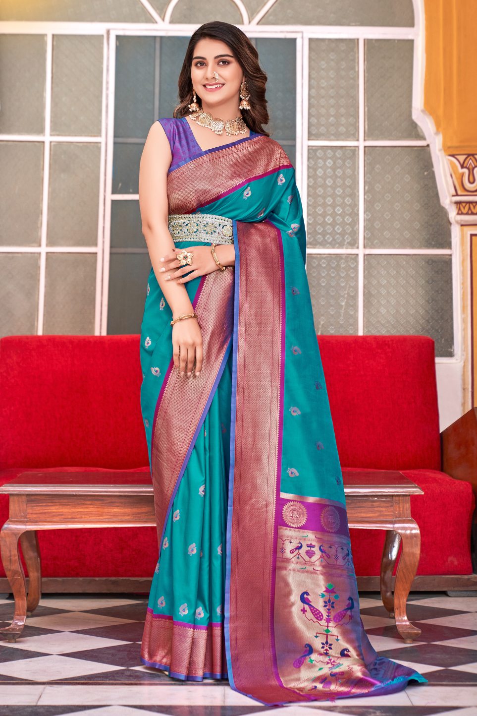 Buy MySilkLove Metallic Seaweed Blue Woven Paithani Saree Online