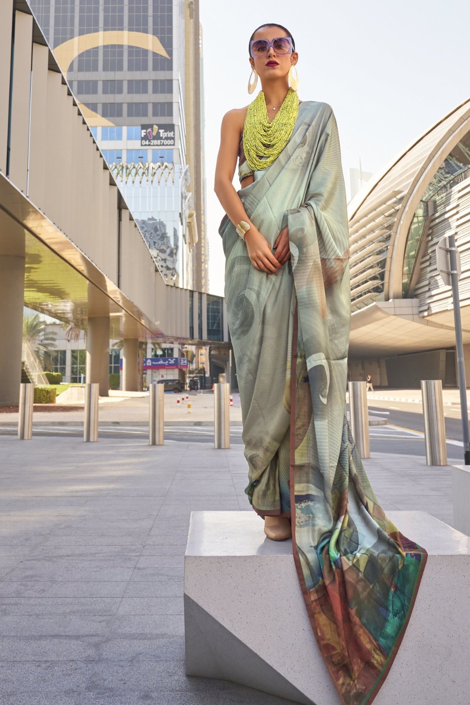 Buy MySilkLove Grey Spring and Green Digital Printed Satin Silk Saree Online