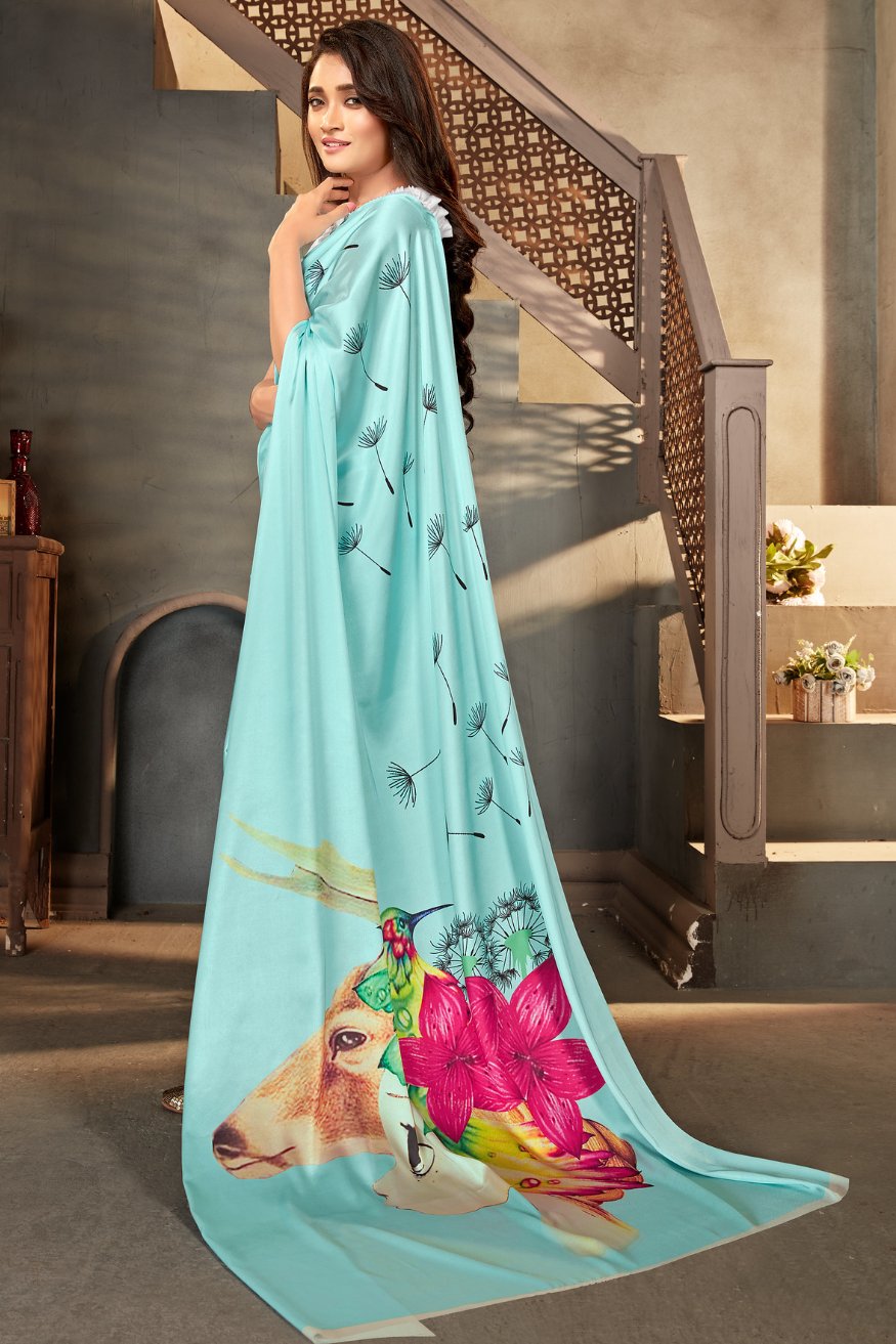 Buy MySilkLove Sinbad Blue Printed Satin Crepe Saree Online