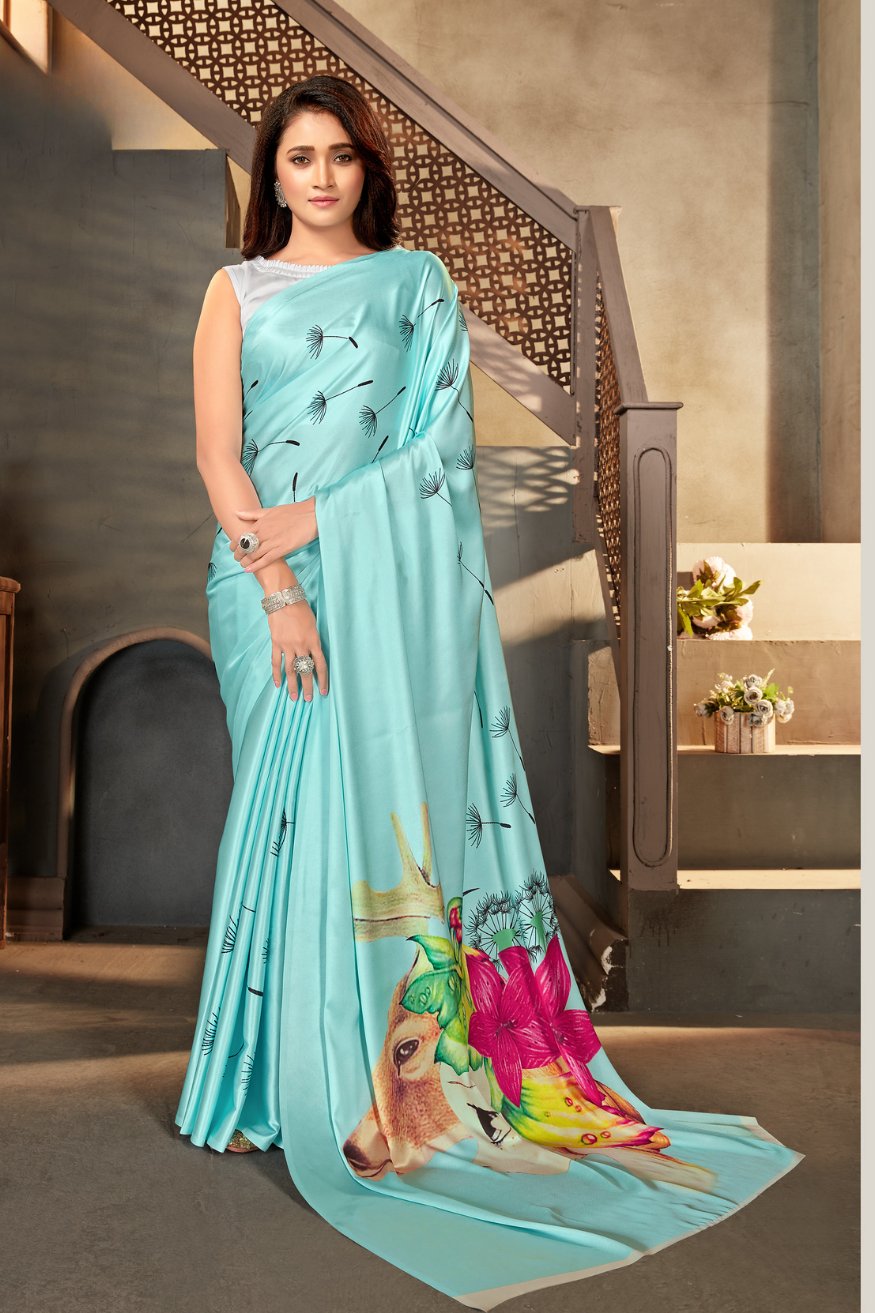 Buy MySilkLove Sinbad Blue Printed Satin Crepe Saree Online