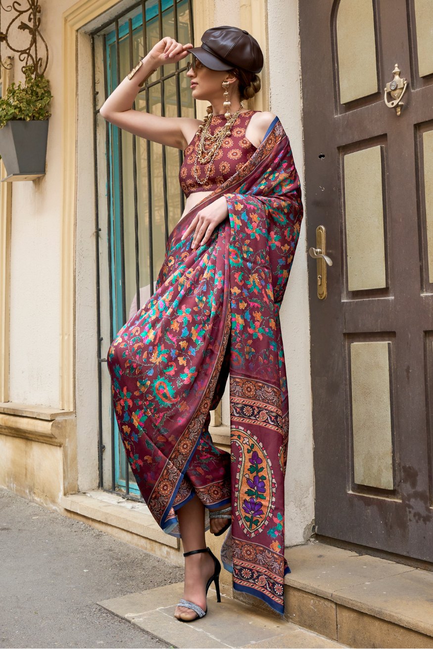 MySilkLove Camelot Brown Satin Silk Saree