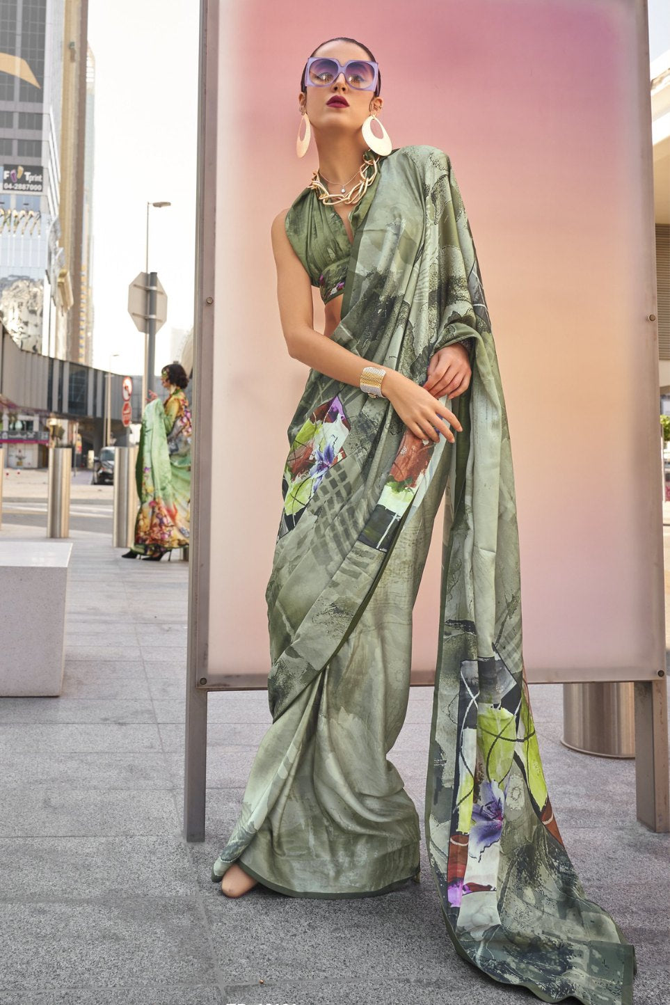 Buy MySilkLove Flax Smoke Green Digital Printed Satin Silk Saree Online