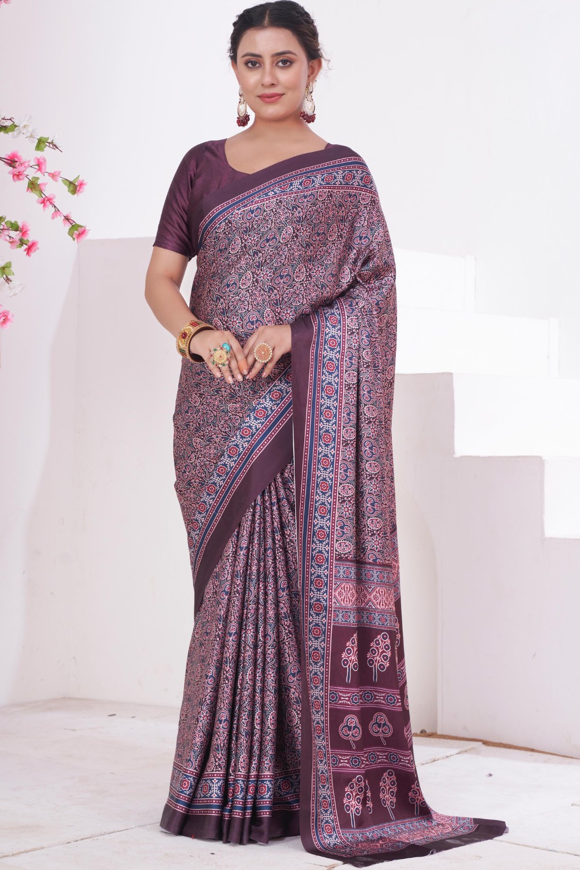 Buy MySilkLove Mountbatten Purple Ajrakh Printed Satin Crepe Saree Online