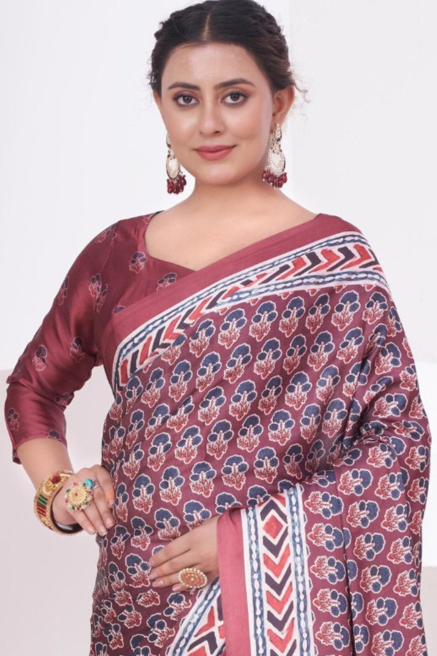 Buy MySilkLove Copper Rose Brown Ajrakh Printed Satin Crepe Saree Online