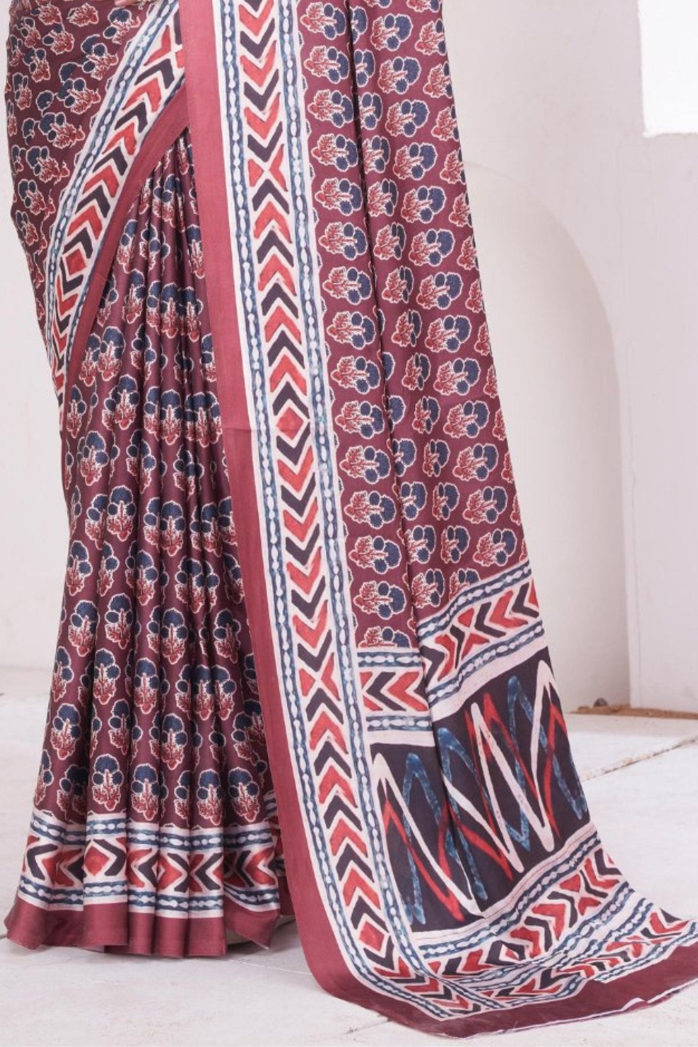 Buy MySilkLove Copper Rose Brown Ajrakh Printed Satin Crepe Saree Online