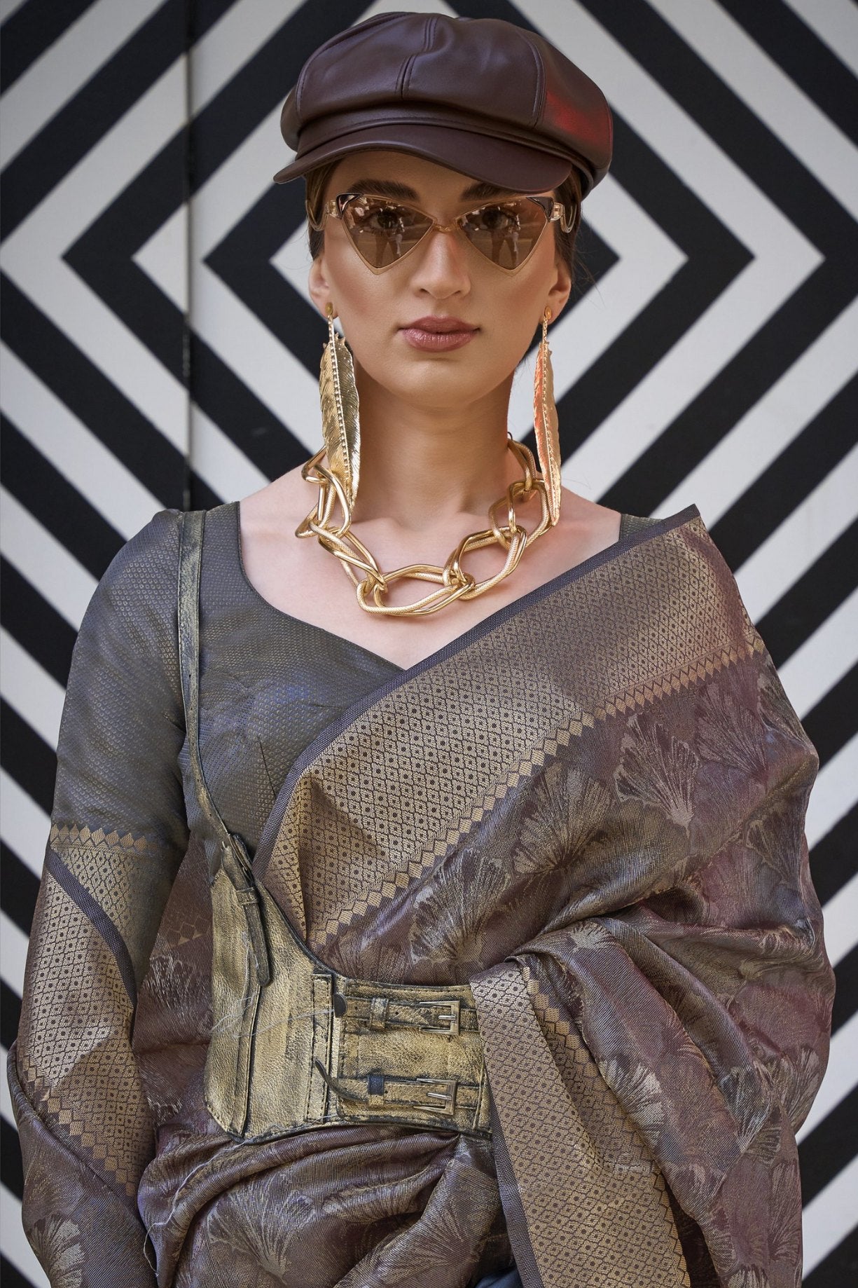 Buy MySilkLove Hurricane Grey and Brown Handloom Organza Saree Online