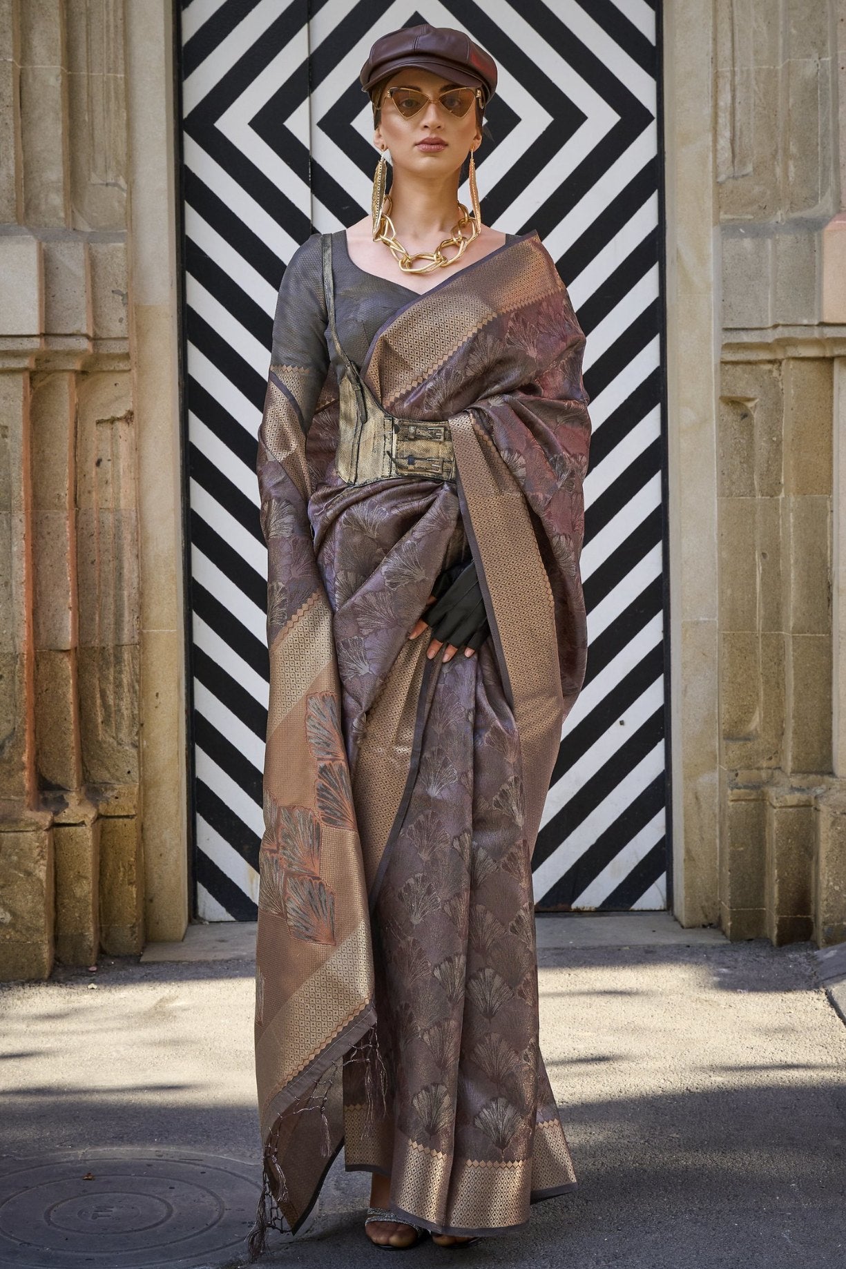 Buy MySilkLove Hurricane Grey and Brown Handloom Organza Saree Online