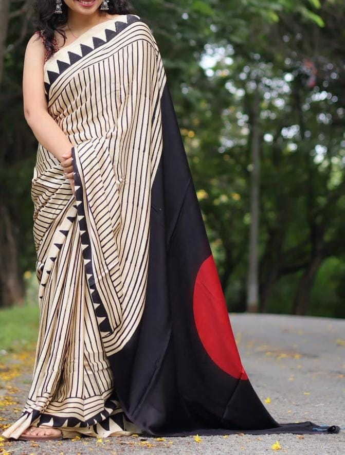Buy MySilkLove Pearl White and Black Ajrakh Printed Satin Crepe Silk Saree Online