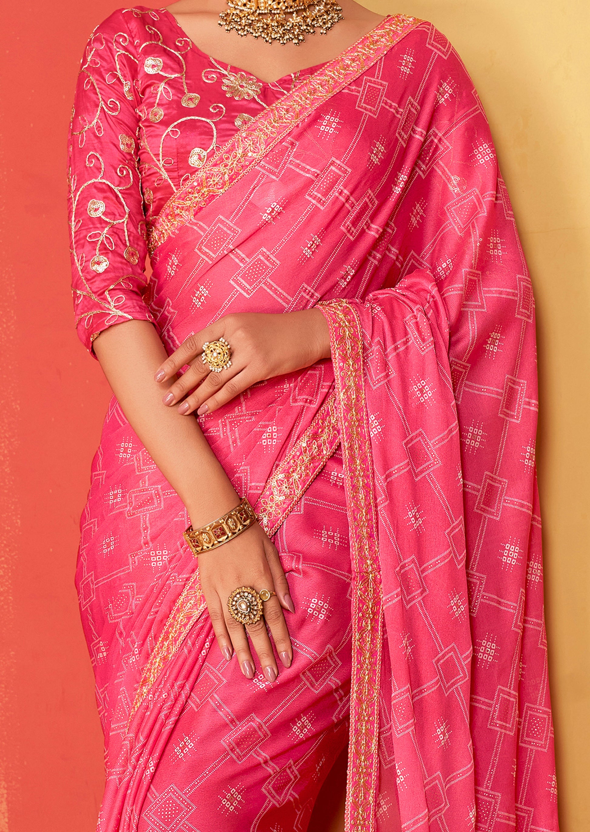 Buy MySilkLove Petite Pink Chiffon Bandhani Embroidery Saree Online