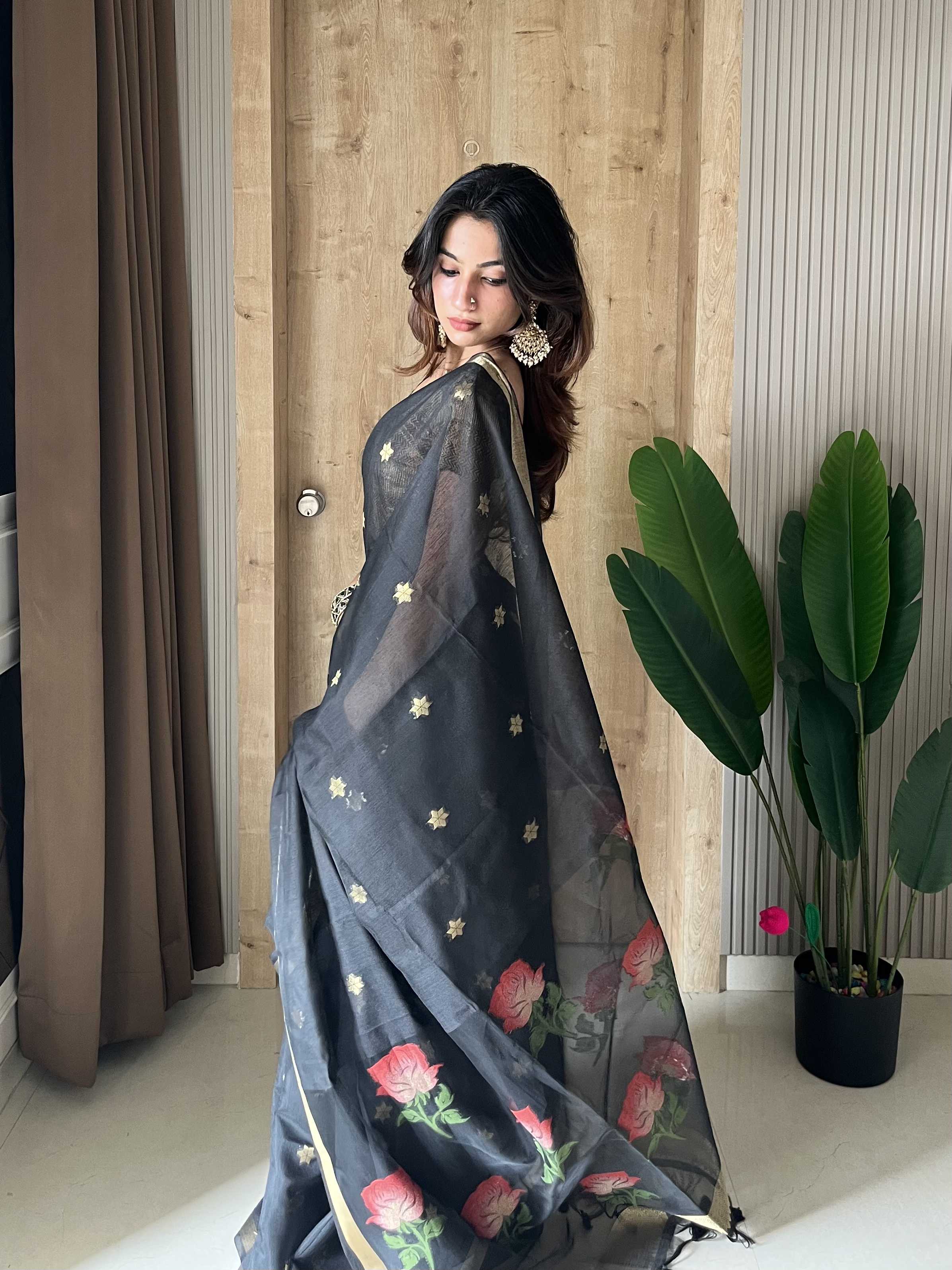 Buy MySilkLove Ace Black Handloom Muga Cotton Saree Online