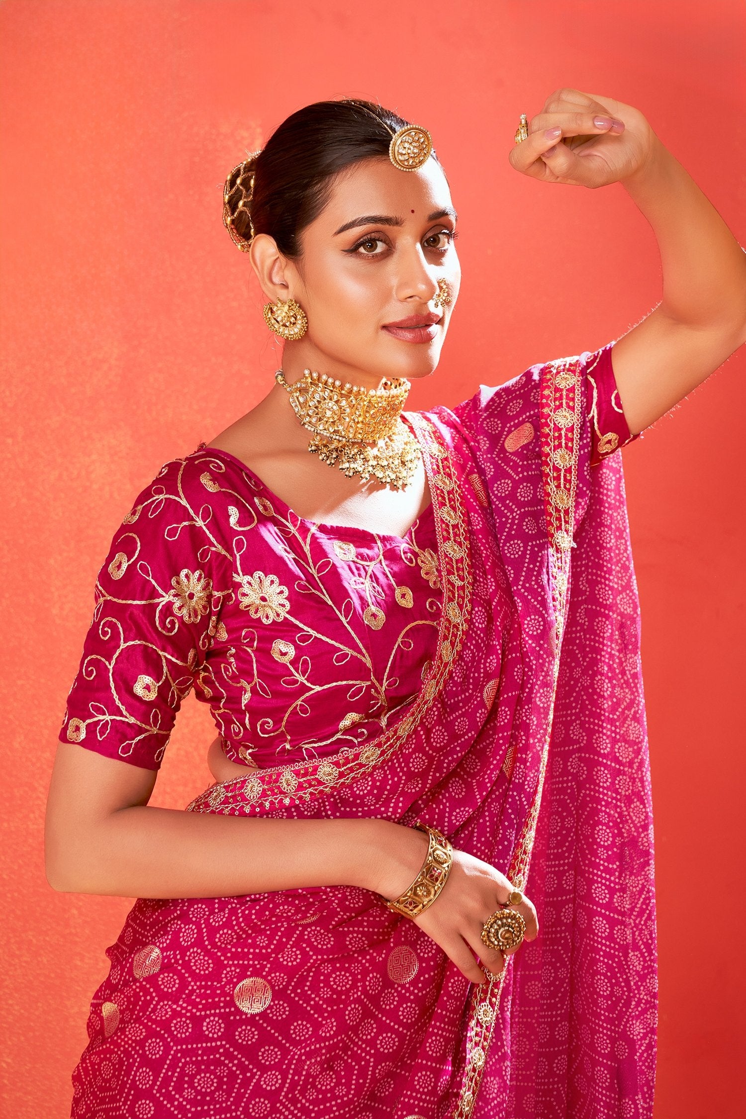 Buy MySilkLove Barbie Pink Chiffon Bandhani Embroidery Saree Online