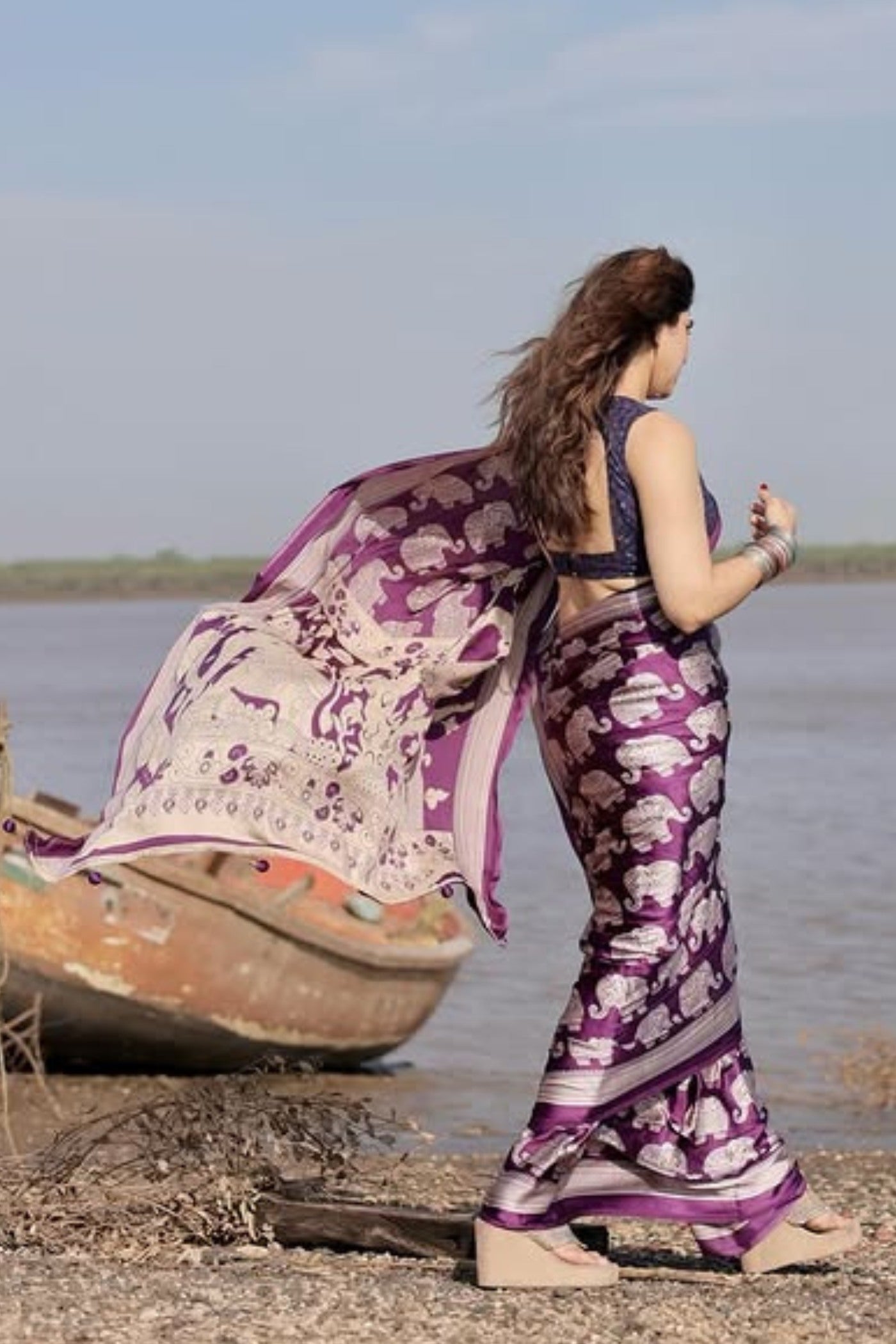 Buy MySilkLove Thistle Purple Ajrakh Printed Satin Crepe Silk Saree Online