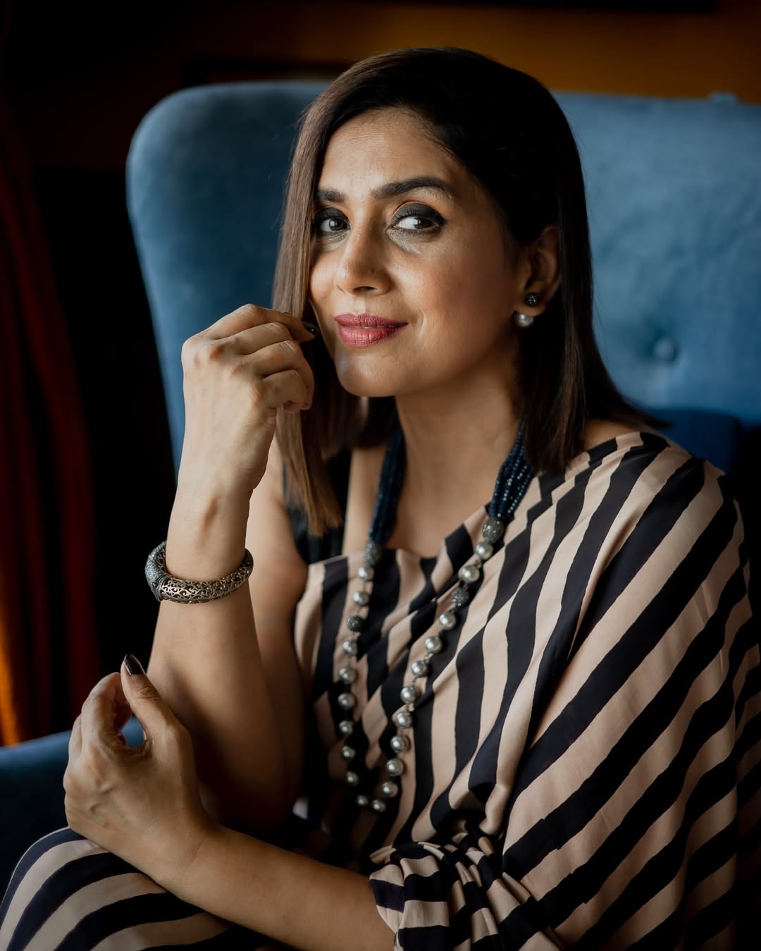 Buy MySilkLove Sonali Kulkarni Inspired: Buff Cream Stripe Ajrakh Printed Satin Gaji Silk Saree Online