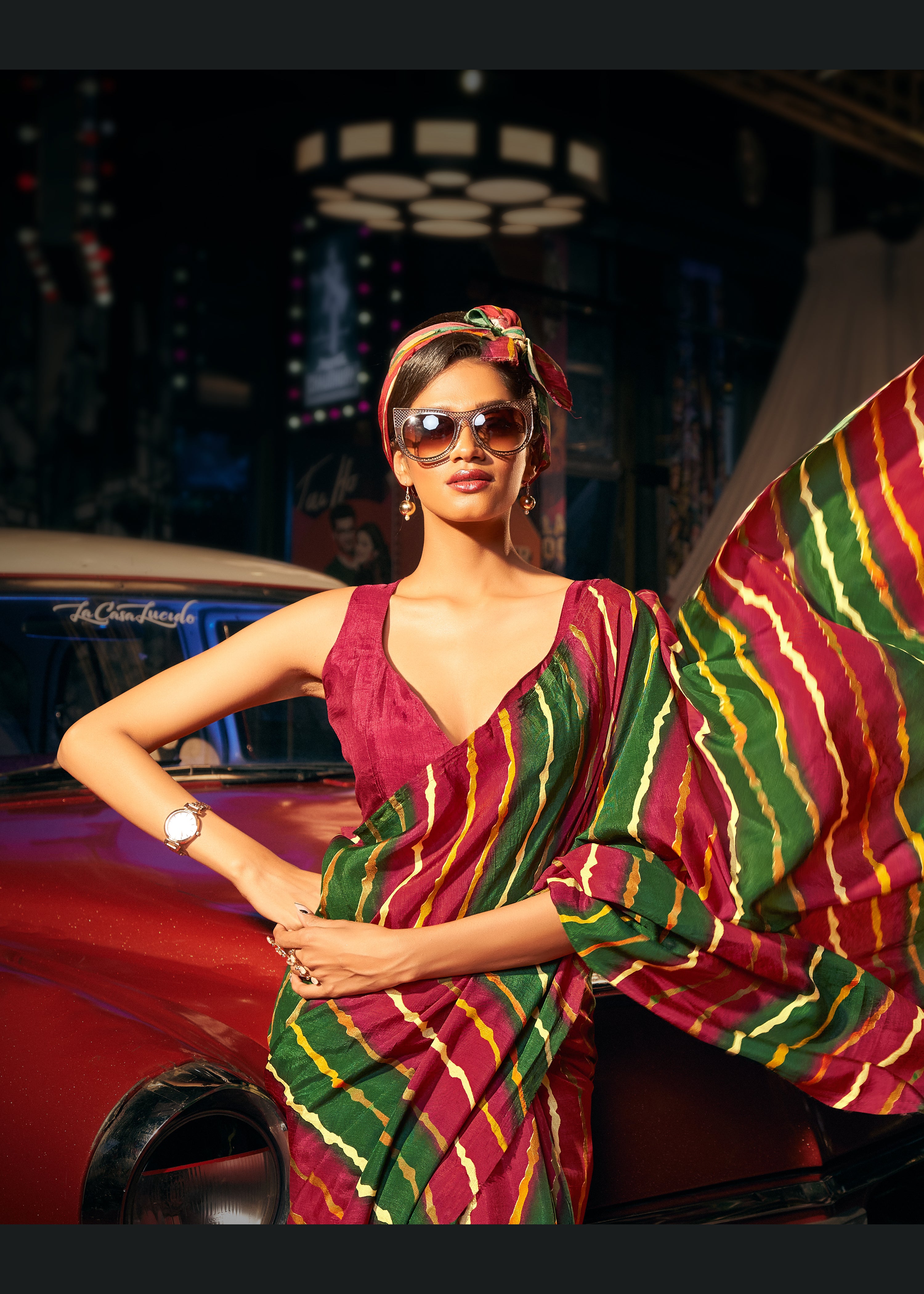 Buy MySilkLove Desert Maroon and Green Digital Printed Lehriya Saree Online