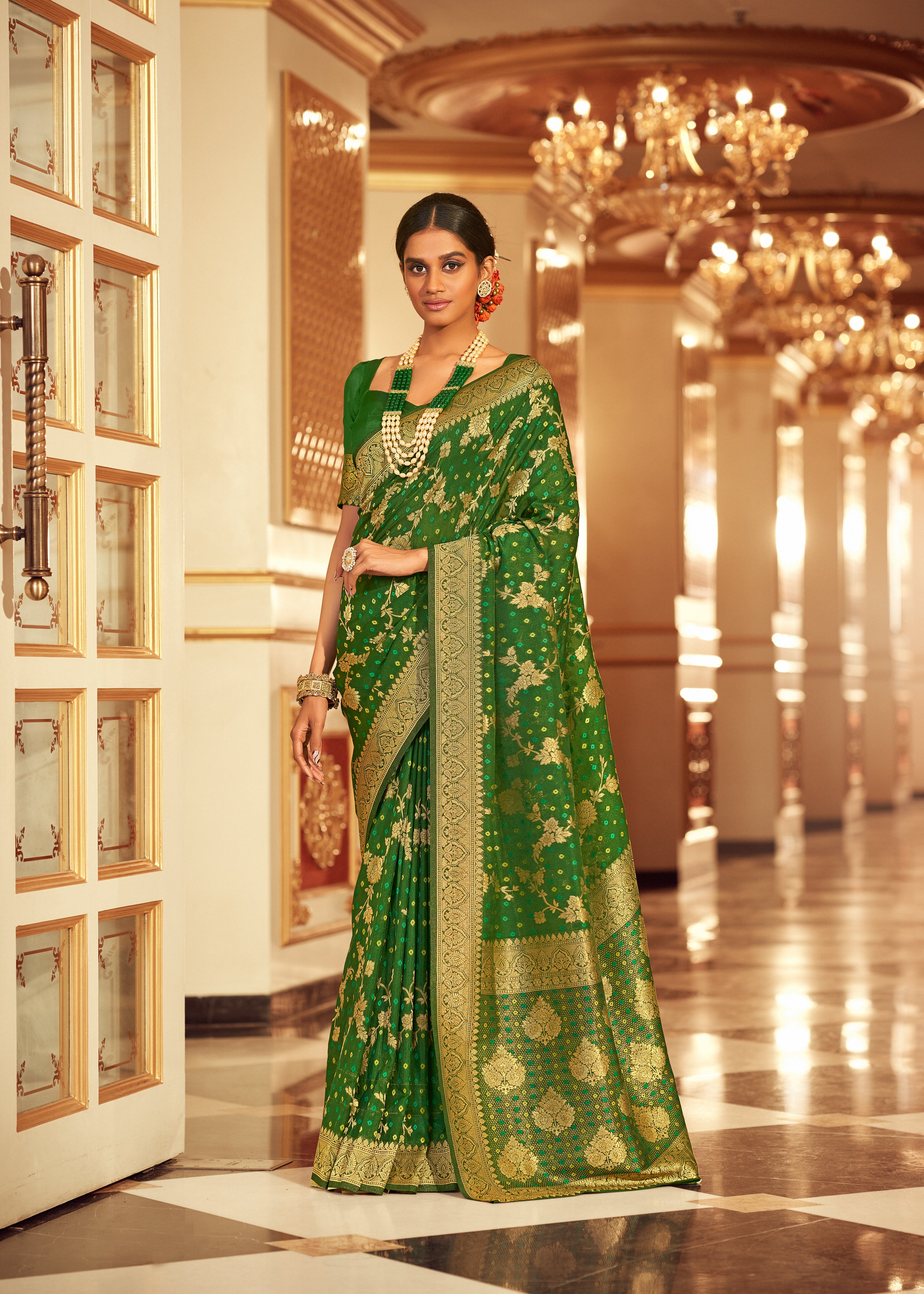 Buy MySilkLove Parsley Green Zari Woven Chiffon Bandhani Saree Online