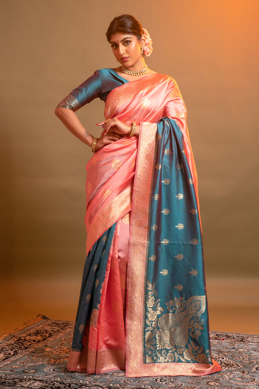 Buy MySilkLove Vivid Pink and Blue Woven Banarasi Silk Saree Online