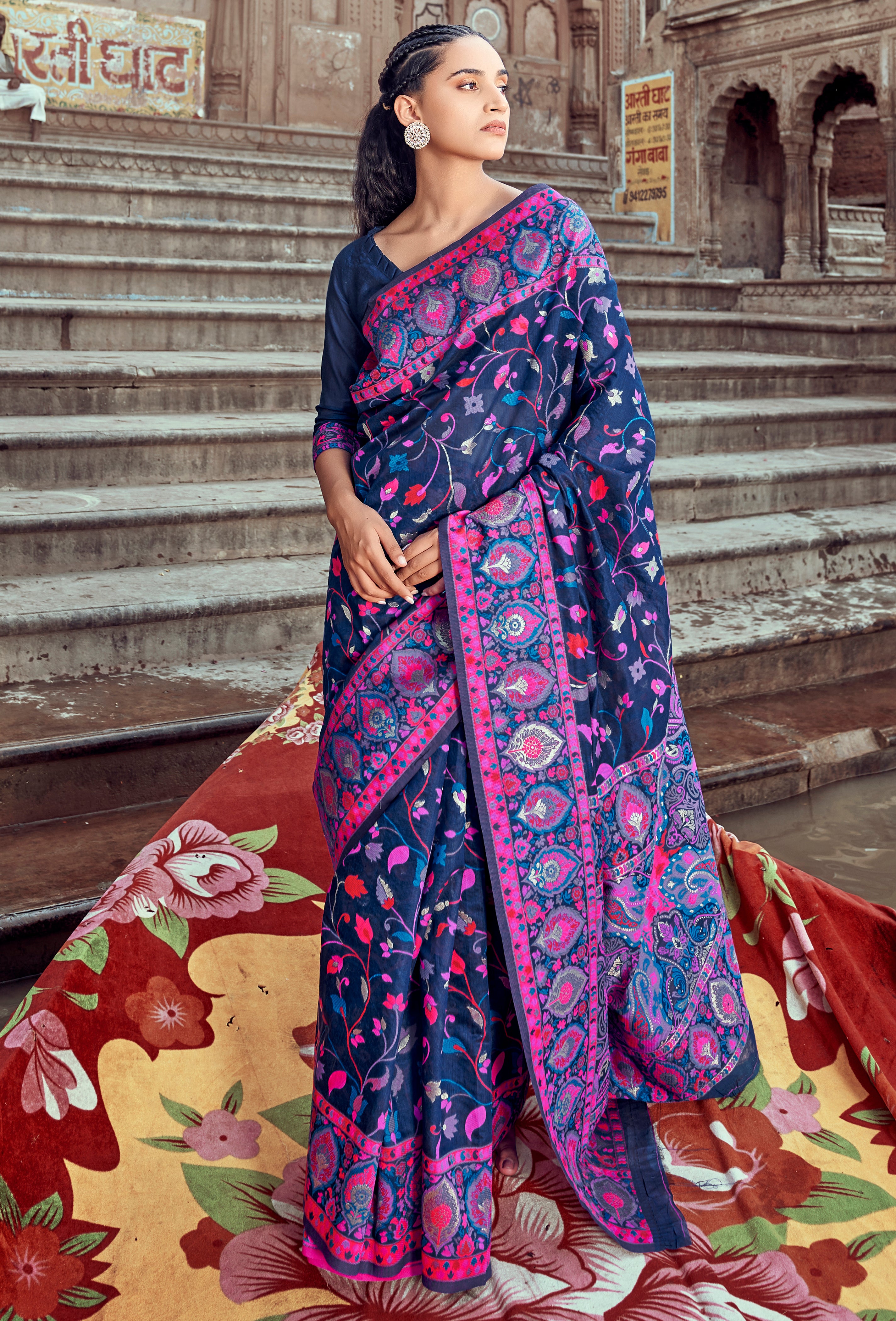 Buy MySilkLove Horizon Blue Woven Kashmiri Jamewar Silk Saree Online