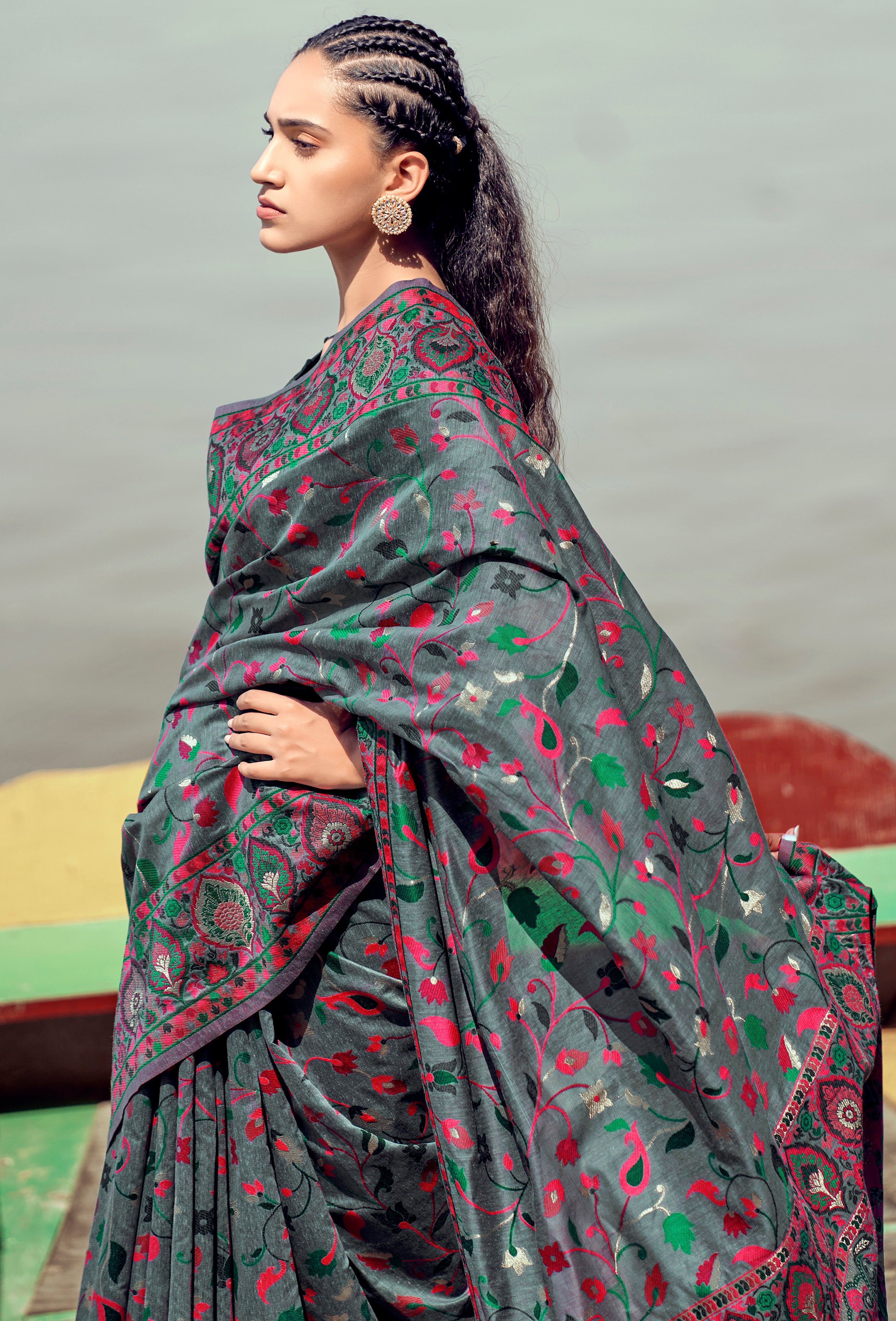 Buy MySilkLove Scarpa Flow Grey Woven Kashmiri Jamewar Silk Saree Online