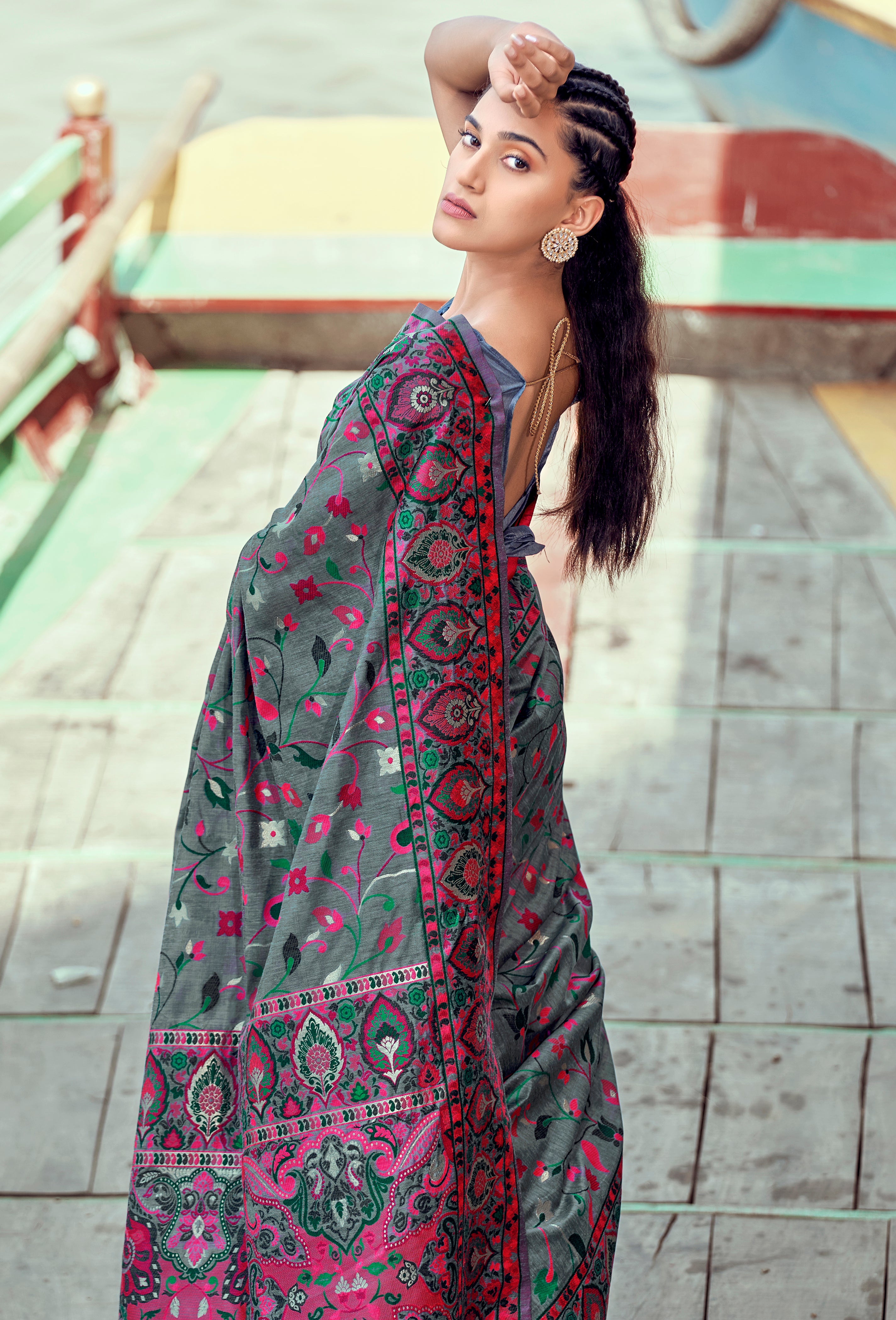 Buy MySilkLove Scarpa Flow Grey Woven Kashmiri Jamewar Silk Saree Online