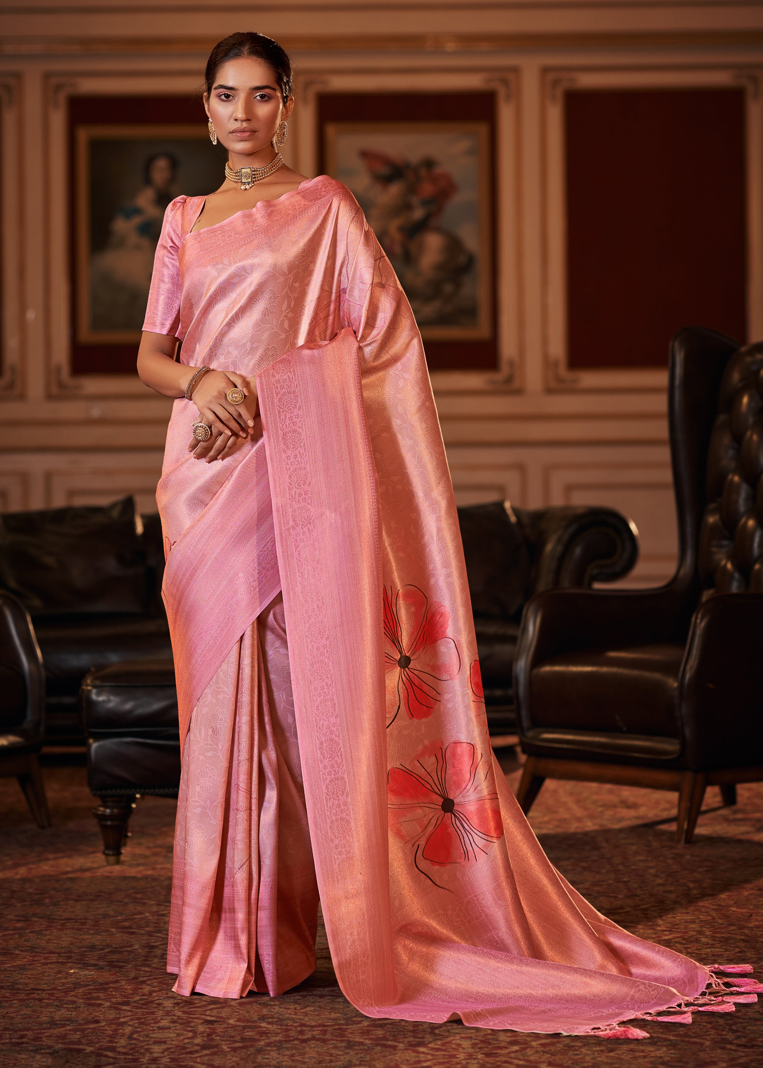 Off White and Pink Woven Banarasi Silk Saree – MySilkLove