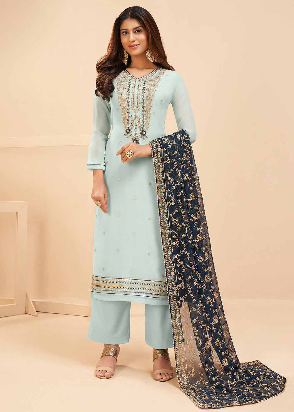 Buy MySilkLove Tranquil Blue Georgette Unstitched Plazzo Suit Online