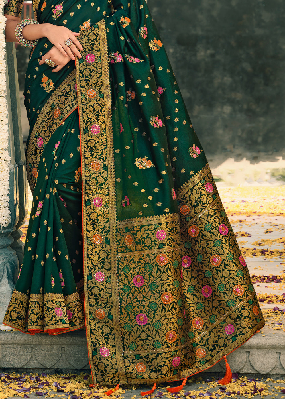 Buy MySilkLove Bottle Green Woven Banarasi Silk Saree Online