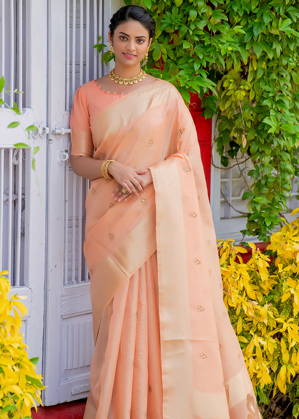Buy MySilkLove Romantic Peach Woven Banarasi Linen Silk Saree Online