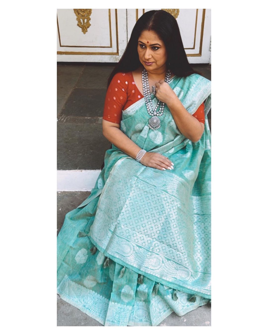 Buy MySilkLove Polished Pine Blue Zari Woven Linen Saree Online