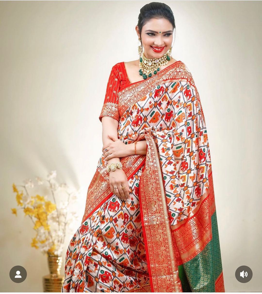 Buy MySilkLove Swiss Coffee White and Red Printed Patola Saree Online