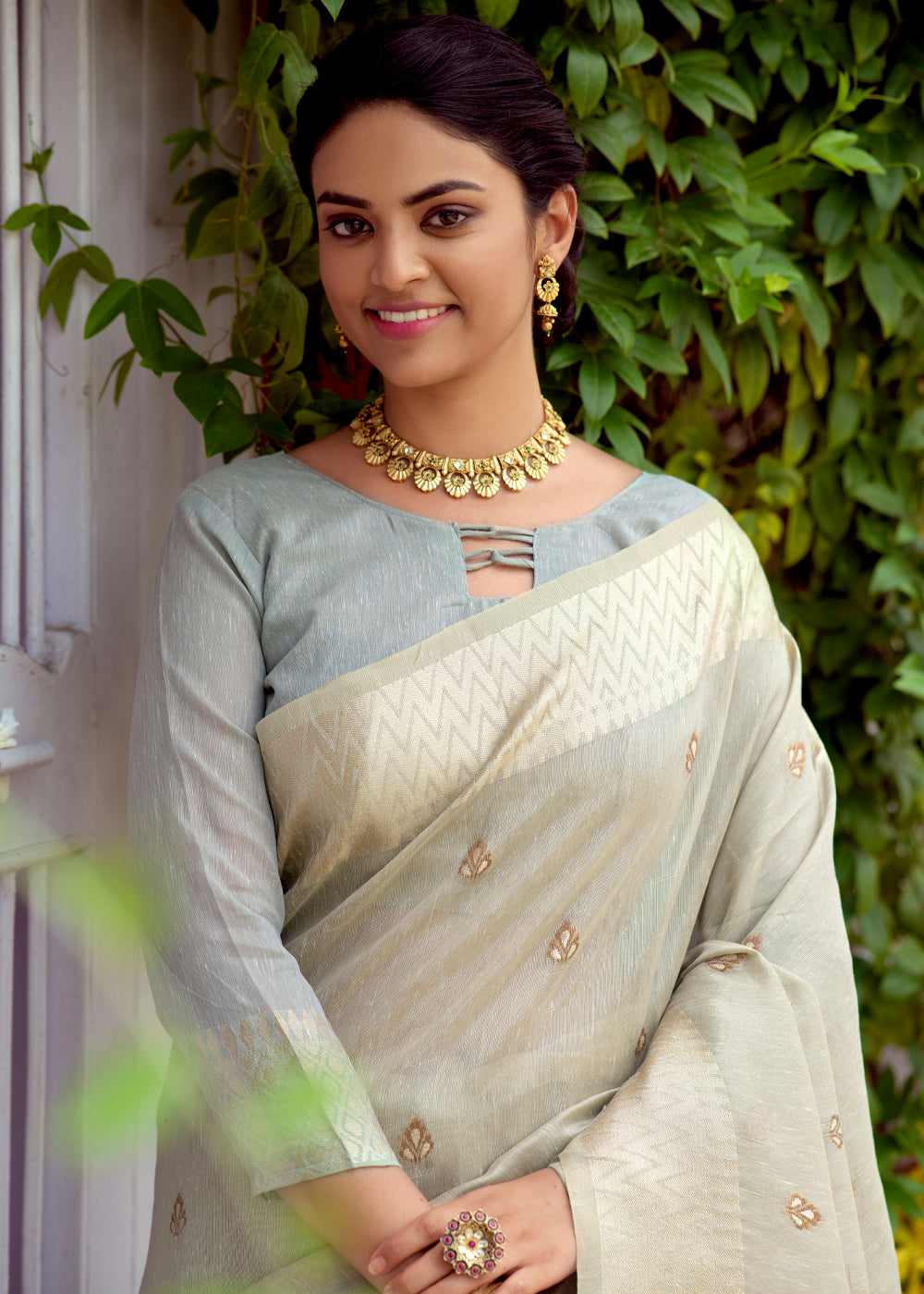 Buy MySilkLove Soft Amber Grey Woven Banarasi Linen Silk Saree Online