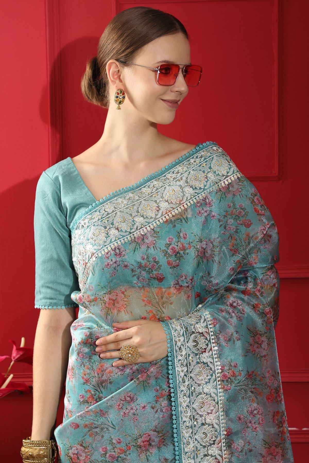 Buy MySilkLove Morning Glory Blue Woven organza Silk Saree Online