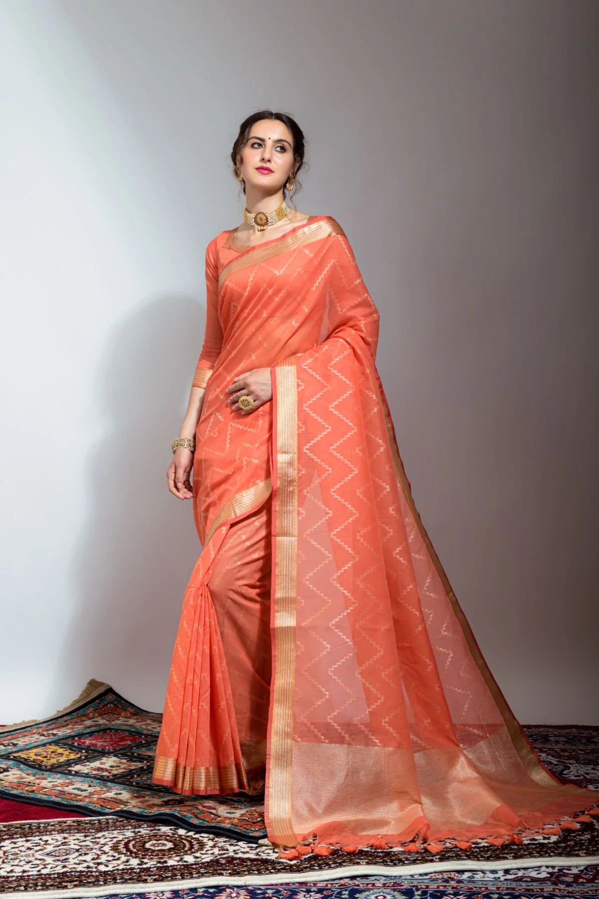 Buy MySilkLove Flame Peach Zari Woven Linen Silk Saree Online