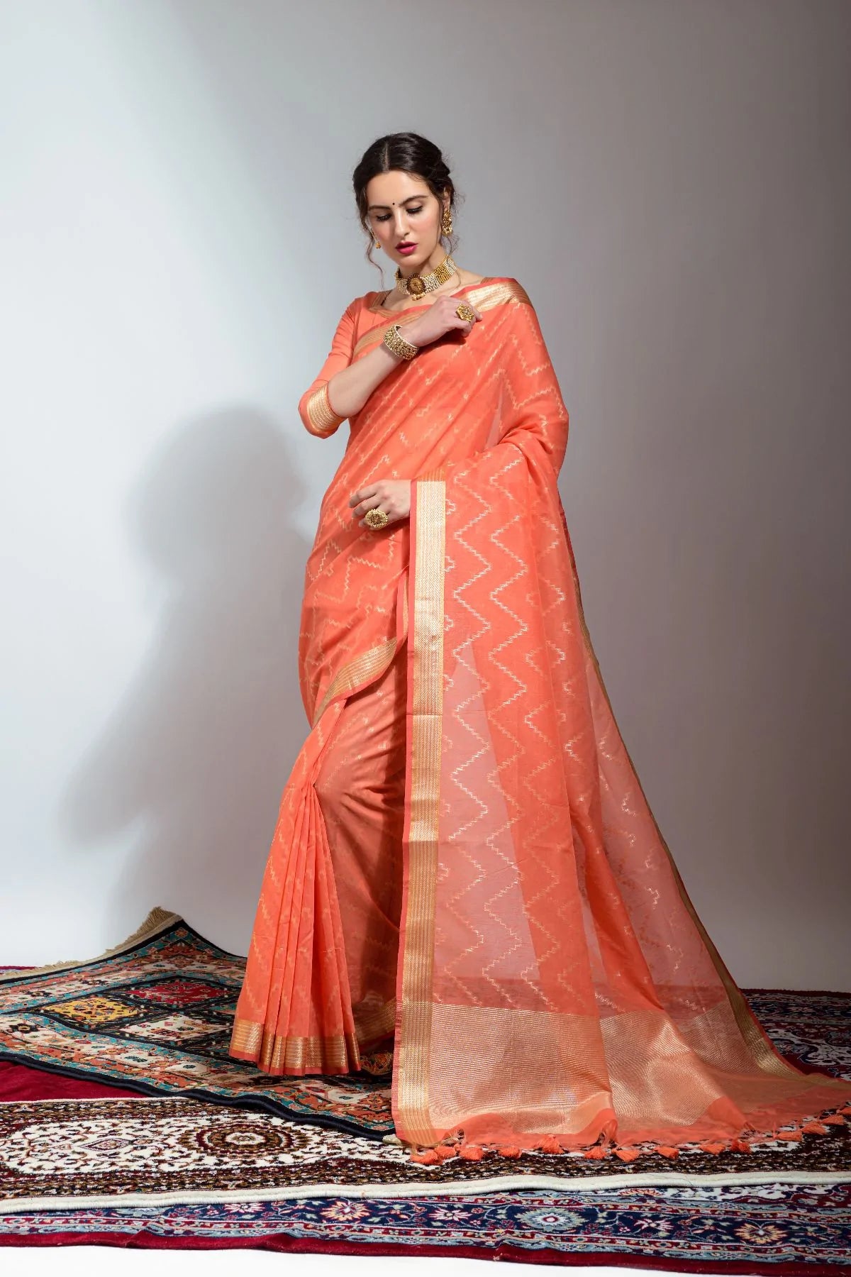 Buy MySilkLove Flame Peach Zari Woven Linen Silk Saree Online