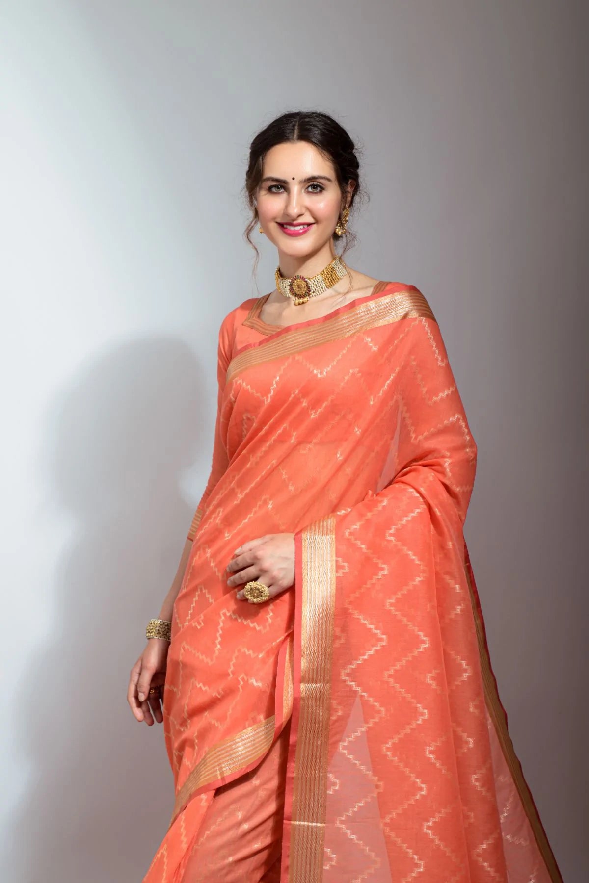 Buy MySilkLove Flame Peach Zari Woven Linen Silk Saree Online
