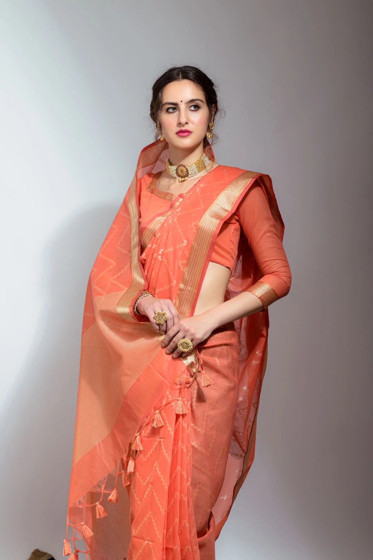 Buy MySilkLove Flame Peach Zari Woven Linen Silk Saree Online