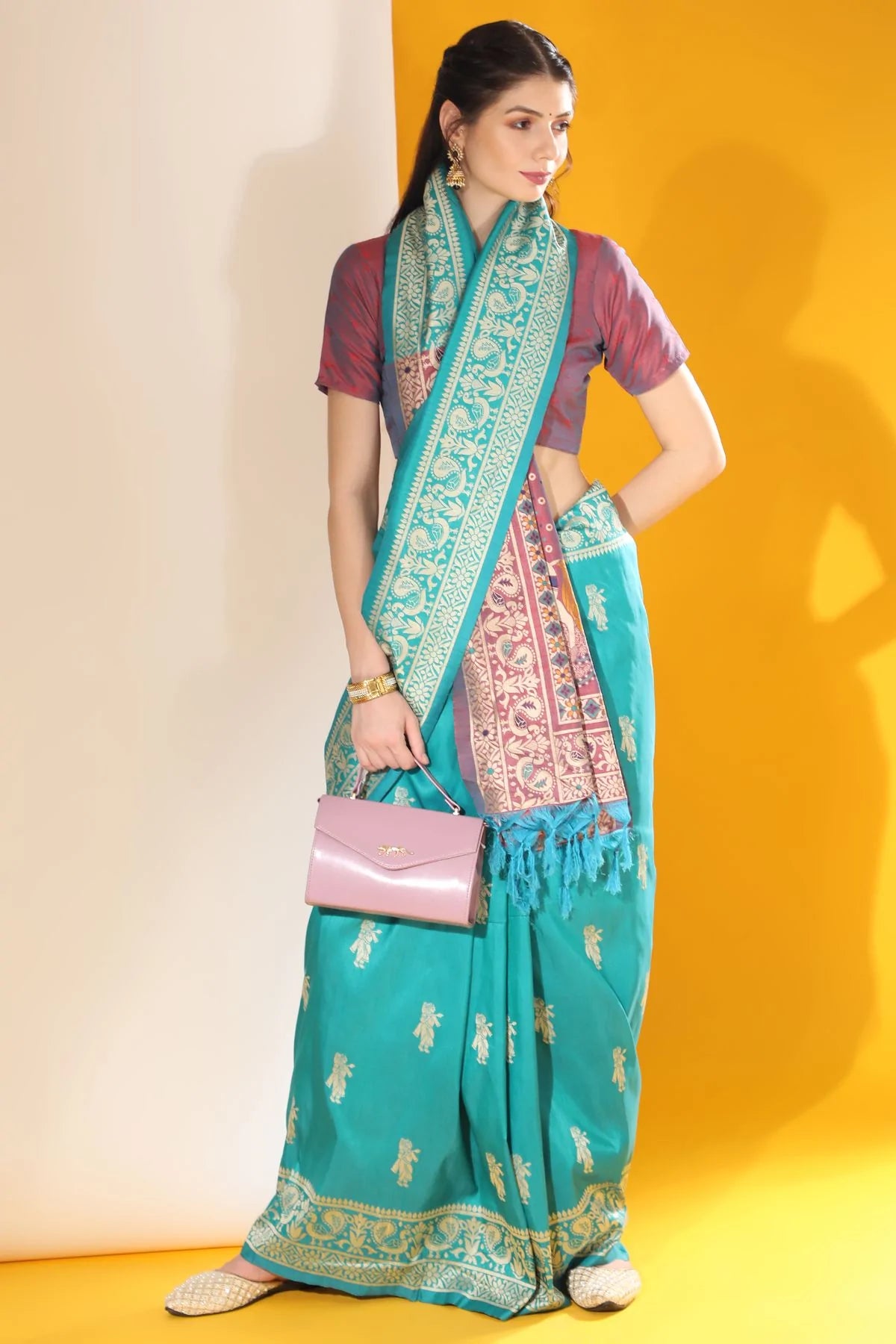 Buy MySilkLove Sea Blue Banarasi Raw Silk Woven Saree Online