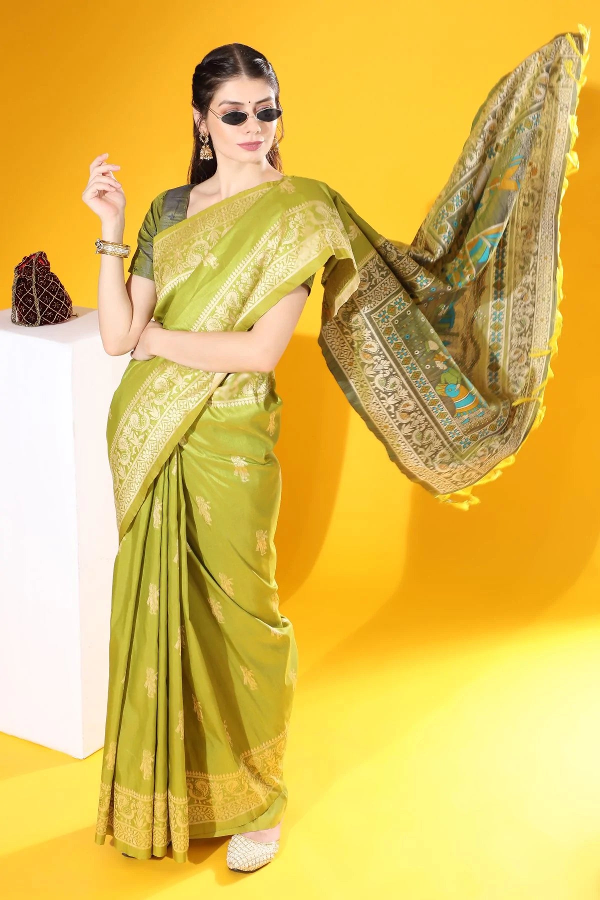 Buy MySilkLove Alpine Green Banarasi Raw Silk Woven Saree Online
