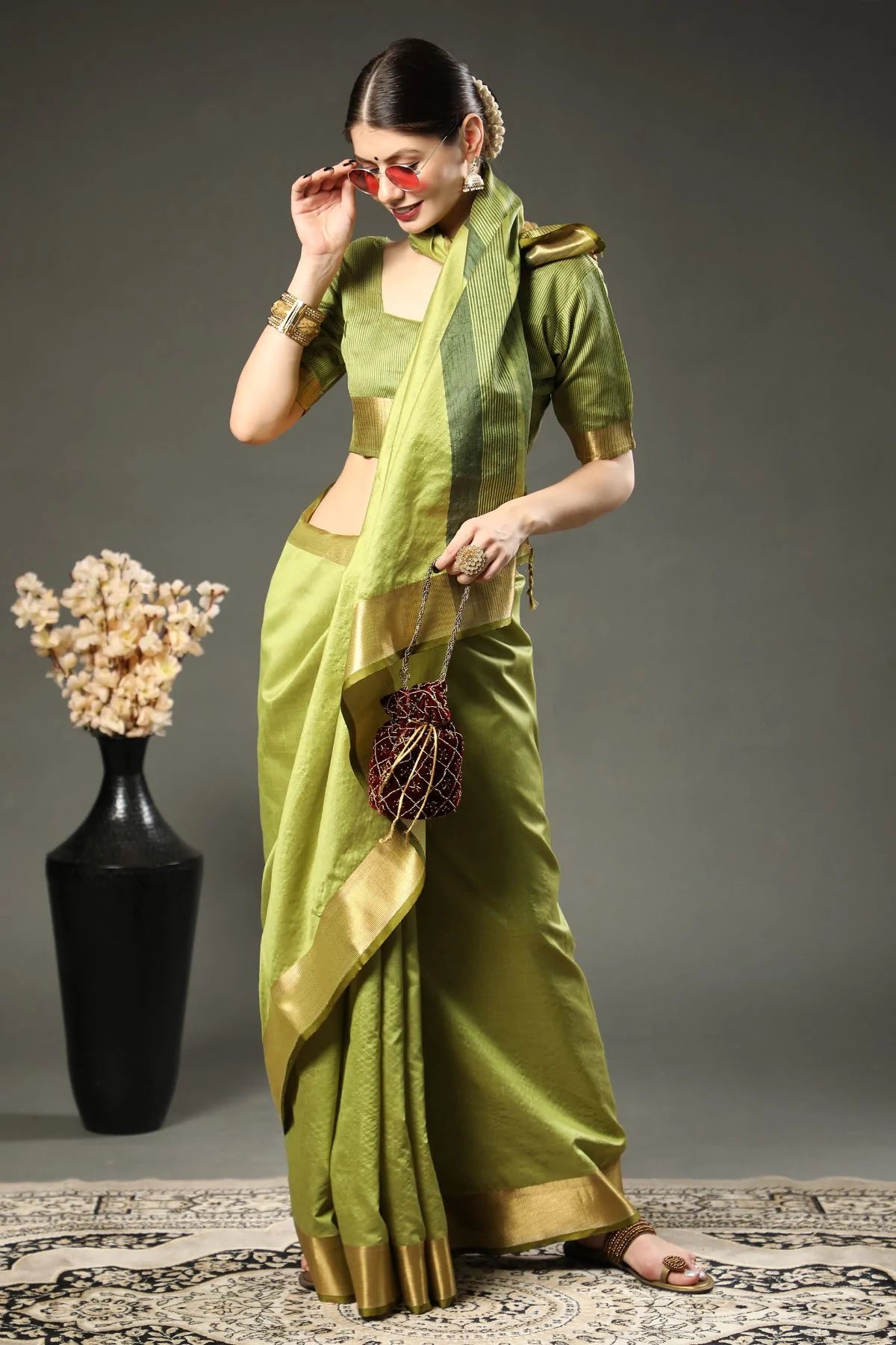 Buy MySilkLove Asparagus Green Assam Silk Saree Online