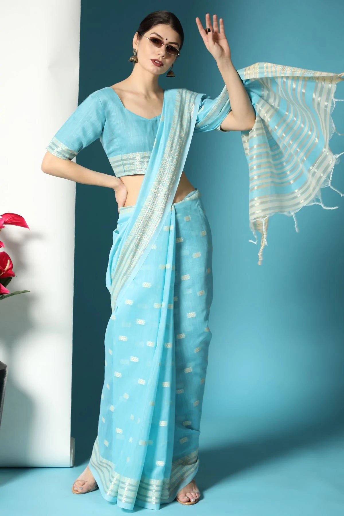 Buy MySilkLove Sky Blue Lucknowi Cotton Saree Online