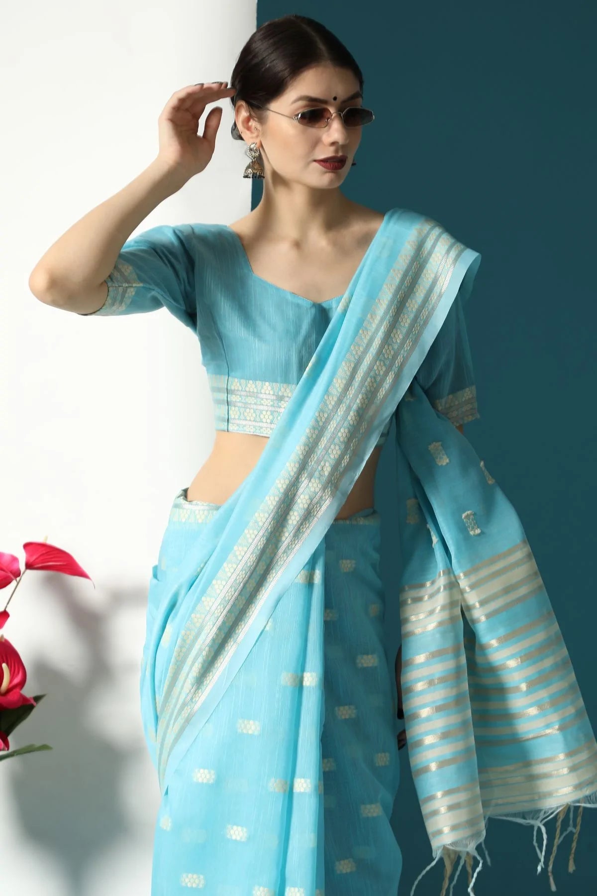 Buy MySilkLove Sky Blue Lucknowi Cotton Saree Online