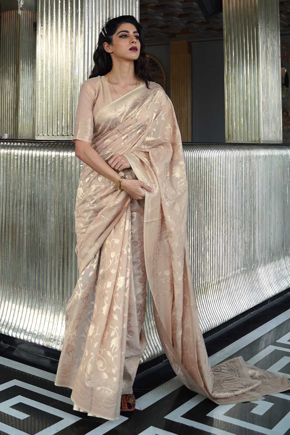 Buy MySilkLove Thatch Beige Zari woven Chanderi Banarasi saree Online