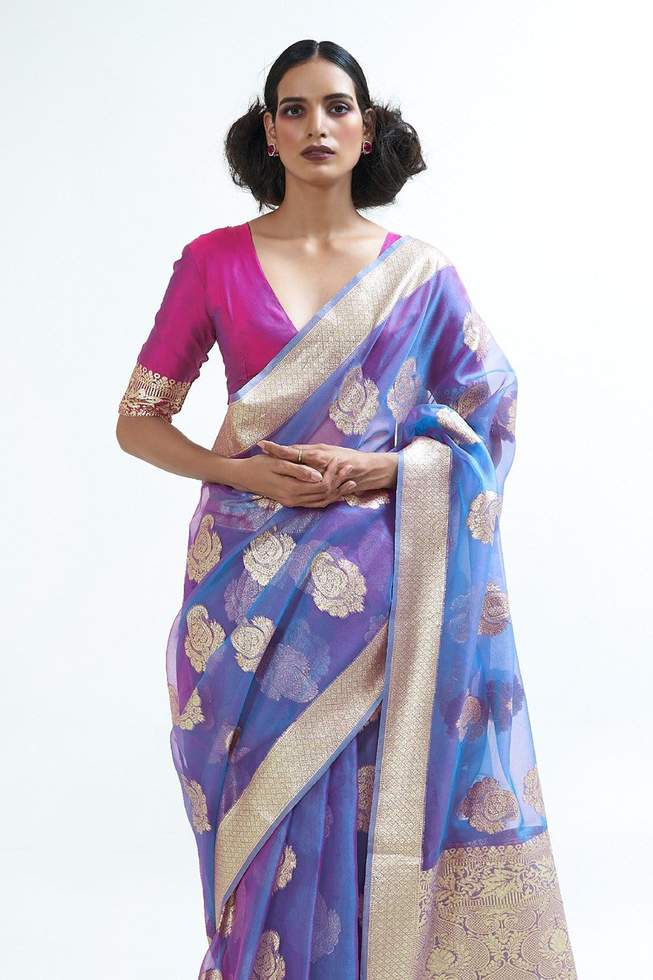 MySilkLove Butterfly Bush Blue Organza Silk Saree